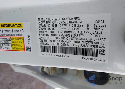 2023 Honda Civic Ex/Ex W/O Bsi z USA, uszkodzony, nr VIN 2HGFE1F70PH316673